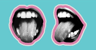 2 pop art mouth, wide open with tongues sticking out. Blue background