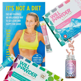 Bundle of WillPowders products including MCT Keto Powder, Collagen, Calm and It's Not a Diet book