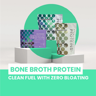 Selection of Willpowders Keto Protein Powder products with 'Bone Broth Protein' text on a green and white background