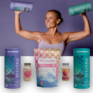 WillPowders Davinia Taylor with protein powder, bovine collagen and natural supplements