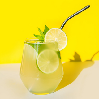 Glass of lemonade with lime slices and a black straw on a yellow background