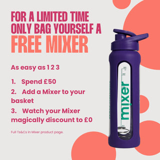 Promotional graphic for WillPowders Mixer, reminding you to claim your free Mixer by spending £50, and adding the Mixer to your basket.
