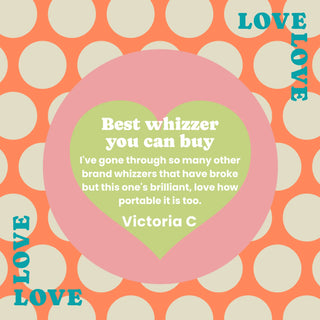 Heart-shaped green text on a pink border with a customer review titled 'Best whizzer you can buy' by Victoria C.