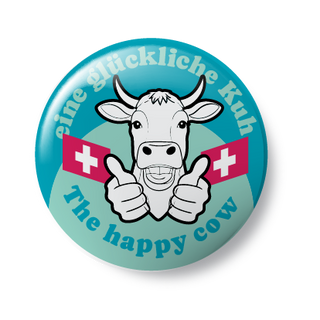 Badge with cartoon cow giving thumbs up and Swiss flags