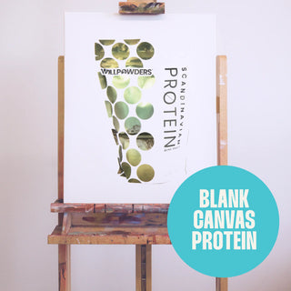 WillPowders Neutral Protein Powder with Scandinavian Bone Broth pouch canvas on a wooden stand with 'Blank Canvas Protein' text overlay