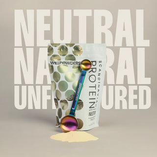WillPowders Neutral Protein Powder with Scandinavian Bone Broth pouch with a Willpowders Disco Scoop and text 'Neutral Natural Unflavoured' behind them both
