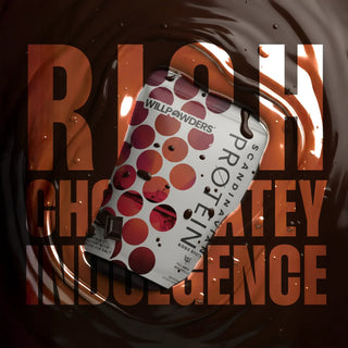 Willpowders Dark Chocolate Keto Protein Powder pouch, in a pool of chocolate with the text 'Rich, chocolatey indulgence'