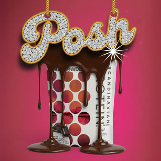 Willpowders Dark Chocolate Keto Protein Powder pouch, with chocolate dripping down from the top and a title in the style of a necklace chain reading 'Posh'