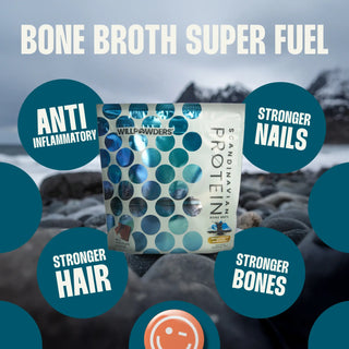 WillPowders Milk Chocolate Protein Powder with Shilajit, Monocreatine and Scandinavian Bone Broth pouch with text 'Bone Broth Super Fuel', 'Anti-inflammatory' among others.