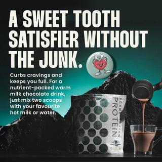 WillPowders Milk Chocolate Protein Powder with Shilajit, Monocreatine and Scandinavian Bone Broth with a glass of protein chocolate drink on a dark background, featuring text about satisfying a sweet tooth without the junk