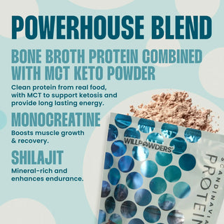 WillPowders Milk Chocolate Protein Powder with Shilajit, Monocreatine and Scandinavian Bone Broth pouch with text about a 'Powerhouse Blend' on a light blue background