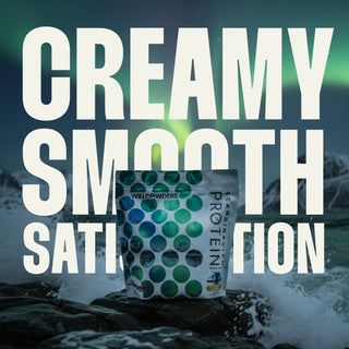 WillPowders Vanilla Protein Powder with Shilajit, Monocreatine and Scandinavian Bone Broth  pouch with 'Creamy Smooth Satisfaction' text overlay on a Scandinavian mountain background