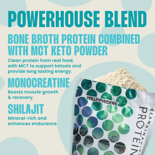 WillPowders Vanilla Protein Powder with Shilajit, Monocreatine and Scandinavian Bone Broth pouch with text 'Powerhouse Blend'