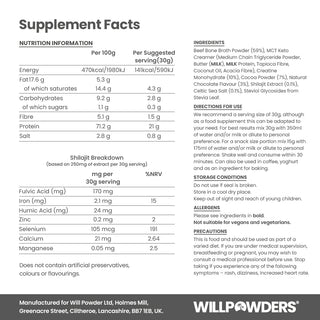 WillPowders bone broth protein powder with shilajit and creatine supplement facts