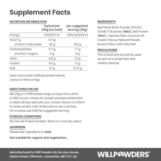 Supplement facts label for WillPowders Neutral Protein Powder with Scandinavian Bone Broth