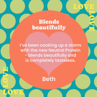Heart on a red background with a customer review 'blends beautifully' by Beth