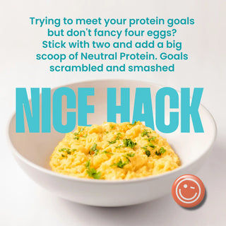 Bowl of scrambled eggs made with WillPowders Neutral Protein Powder with Scandinavian Bone Broth with text about protein goals and a 'Nice Hack' label.