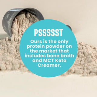 WillPowders Neutral Protein Powder with Scandinavian Bone Broth and text 'Ours is the only protein powder that includes bone broth and MCT Keto Creamer'