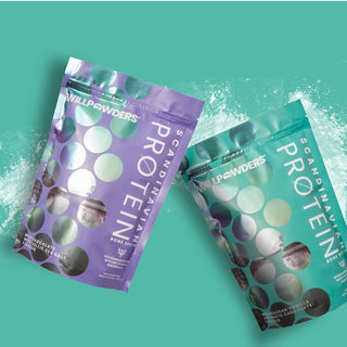 Two bone broth protein pouches, mint chocolate and vanilla on a green background