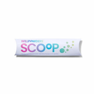 White packaging with text for the WillPowders scoop