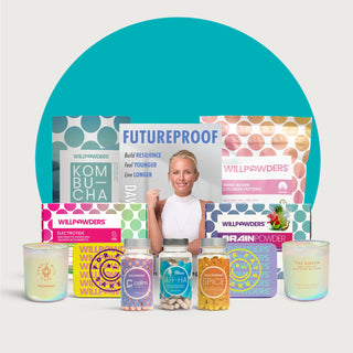 WillPowders bundle with stash tin: kombucha, protein, electrolytes, nootropics, l-theanine and Davinia Taylor