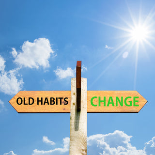 A wooden sign with the text 'Old Habits' pointing left and 'Change' pointing right against a blue sunny sky with clouds