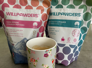 Customer image showing WillPowders collagen and keto creamer, coffee in the foreground