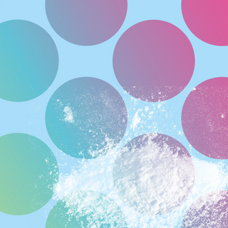 Mobile size light blue background with circles filled with a green/purple gradient, white powder covers the bottom of the circles