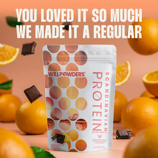 WillPowders Ginger Spice Keto Scandinavian Protein Power with Bone Broth pouch with oranges and chocolate on a peach background