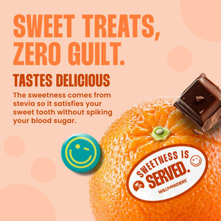 Promotional graphic for a product with an orange, chocolate piece, and 'Sweetness is Served' label on a peach background.