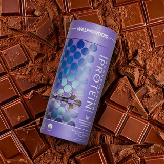 Willpowders Milk Chocolate Keto Protein Powder tub surrounded by chocolate bars