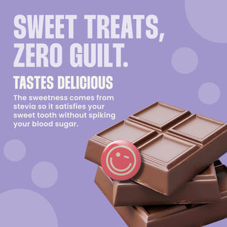 Chocolate bars with text reading 'Sweet Treats, Zero Guilt'