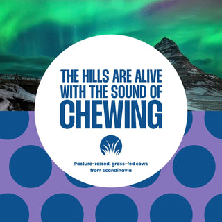 Text showing information about grass fed cows with a background of Scandinavian mountains at night