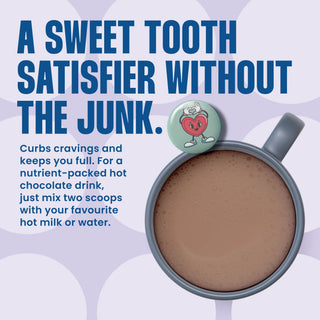 Mug of hot chocolate and text about satisfying a sweet tooth without junk, and creating a protein nutrient-packed hot chocolate.