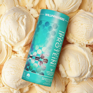 Willpowders Vanilla Keto Protein Powder tub surrounded by scoops of vanilla ice cream