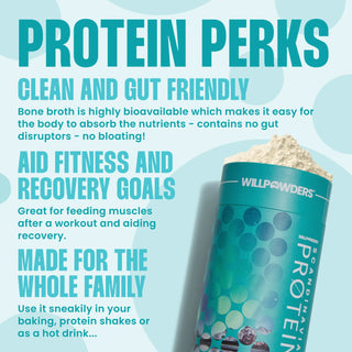 A tub of Willpowders Vanilla Keto Protein Powder with text about protein benefits such as 'Clean and gut friendly', 'aid fitness and recovery goals' and 'made for the whole family'