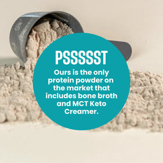 Vanilla protein powder with a scoop and text about Willpowders Keto Protein being the only one to include bone broth and MCT Keto Creamer