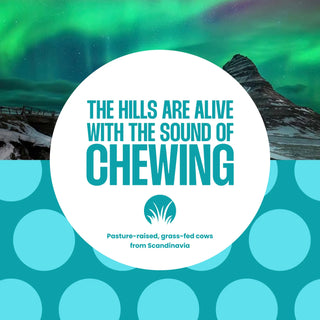 Text showing information about grass fed cows with a background of Scandinavian mountains at night