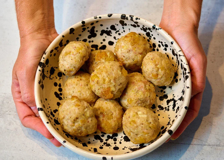 Bacon, Turkey, Apricot and Smoked Cheese Stuffing Balls with a Horseradish Gravy Dip