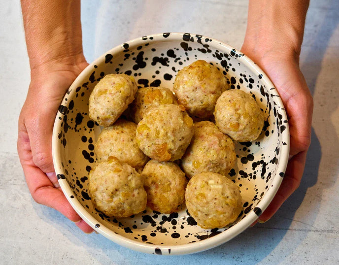 Bacon, Turkey, Apricot and Smoked Cheese Stuffing Balls with a Horseradish Gravy Dip