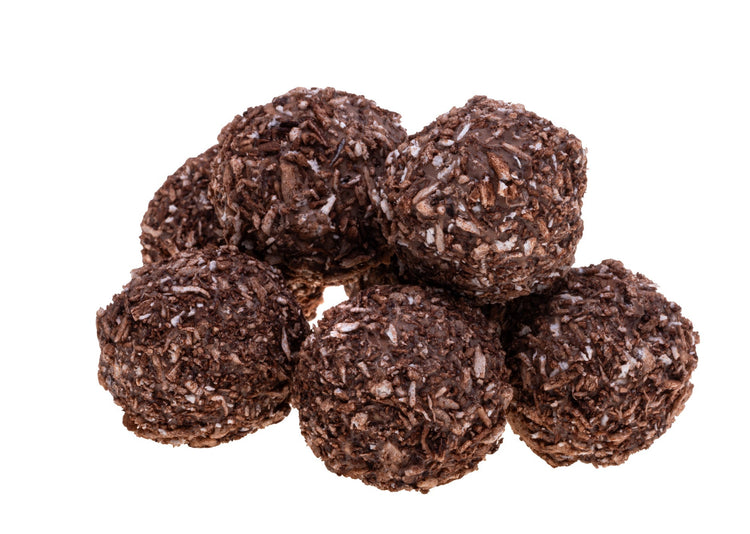 chocolate coconut balls on a white background
