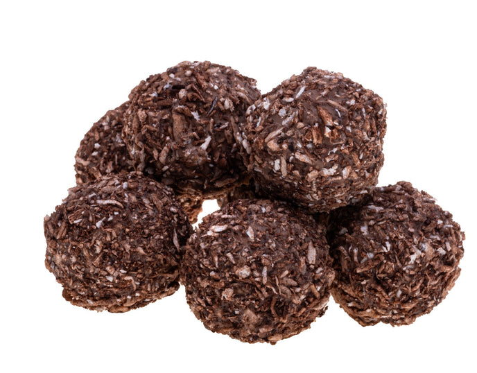 chocolate coconut balls on a white background