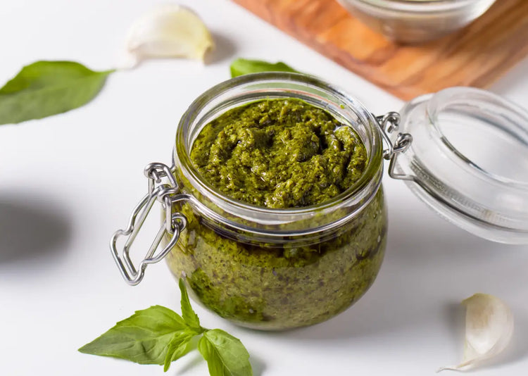 A jar or parsley and pumpkin pesto