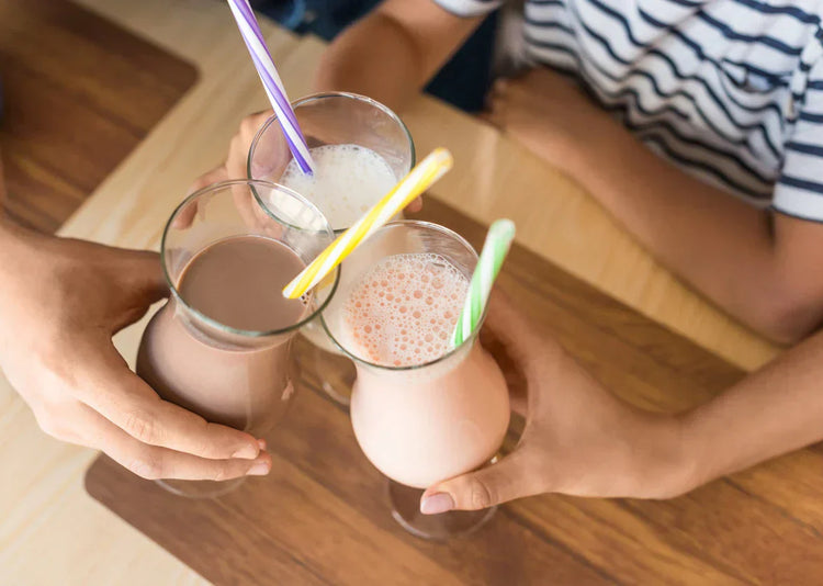 Strawberry, chocolate and vanilla protein shakes for kids