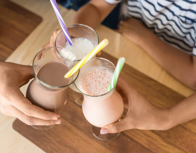 Strawberry, chocolate and vanilla protein shakes for kids