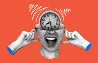 Woman screaming with an alarm clock for a brain