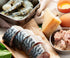 Seafood and ingredients on a table