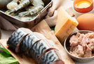Seafood and ingredients on a table