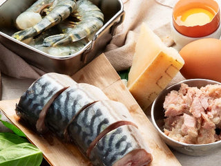 Seafood and ingredients on a table