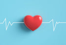 A red heart shape is centered on a light blue background. A white electrocardiogram (EKG) line runs horizontally across the image, passing through the heart. The EKG line has peaks and valleys representing a heartbeat.